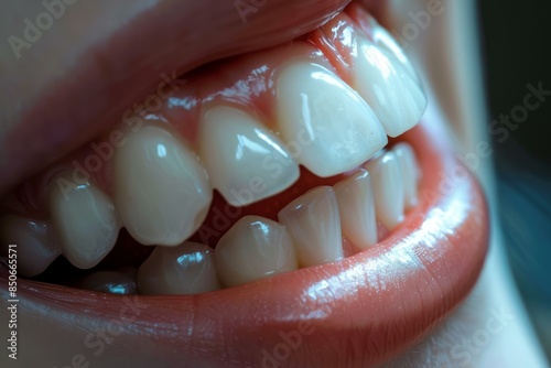 Macro image showing detail of clean, white teeth in a partial smile with healthy gums
