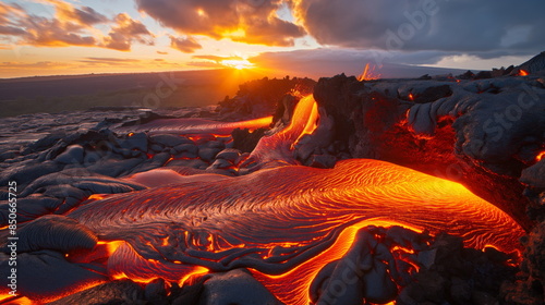 Molten lava flowing from a volcanic eruption, glowing orange and red