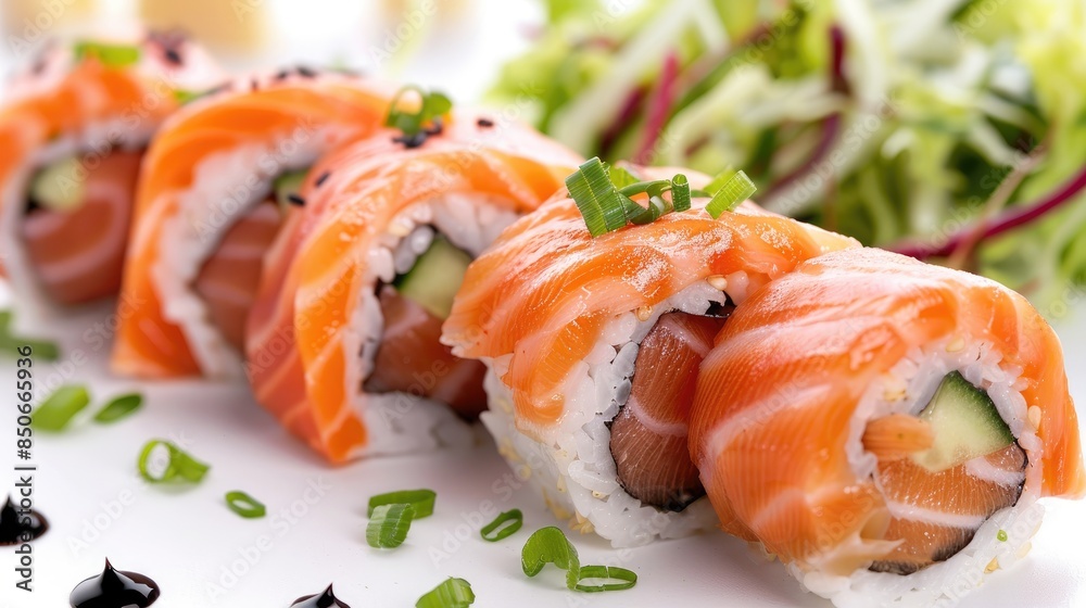 Salmon wrapped in rolls served with a light and crisp salad on a white background for a delivery menu Salmon wrapped in rolls served with a light and crisp salad on a white background for a delivery menu