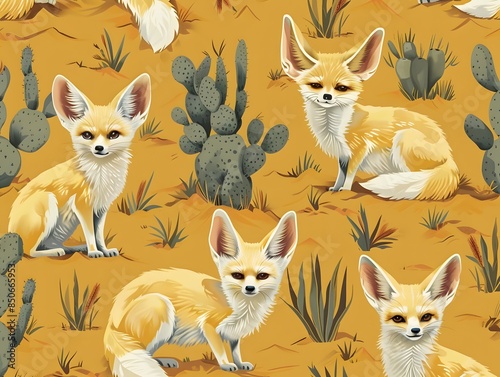 A seamless pattern of cute fennec foxes in a desert with cacti. Perfect for wallpapers, textiles, and decor.