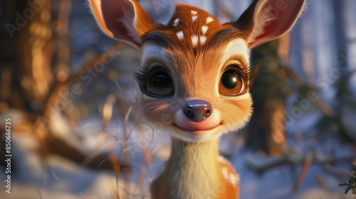 3d cartoon illustration of cute female baby deer in forest landscape background