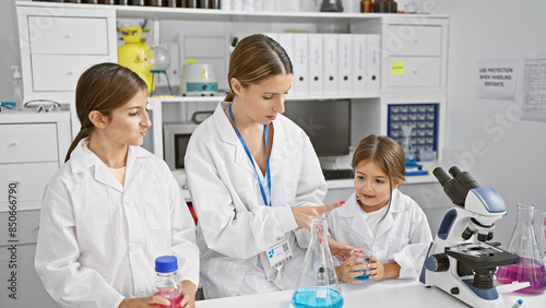 A woman and two girls in lab coats engage in a science experiment in a laboratory,
