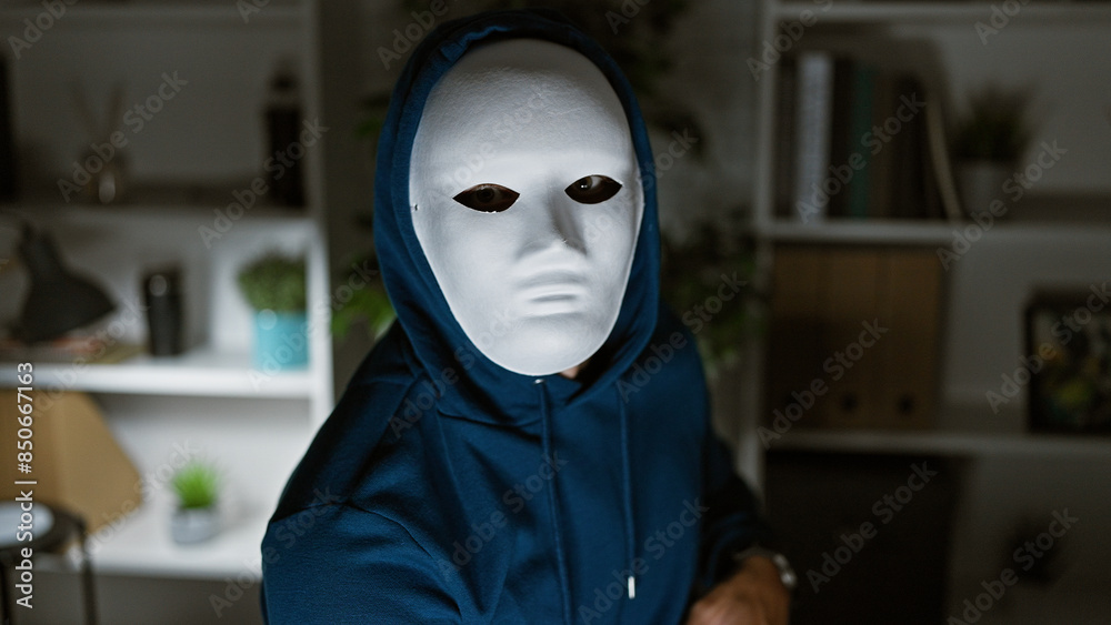 Masked man in hoodie posing in a modern office space, creating a mysterious ambience. Masked man in hoodie posing in a modern office space, creating a mysterious ambience.