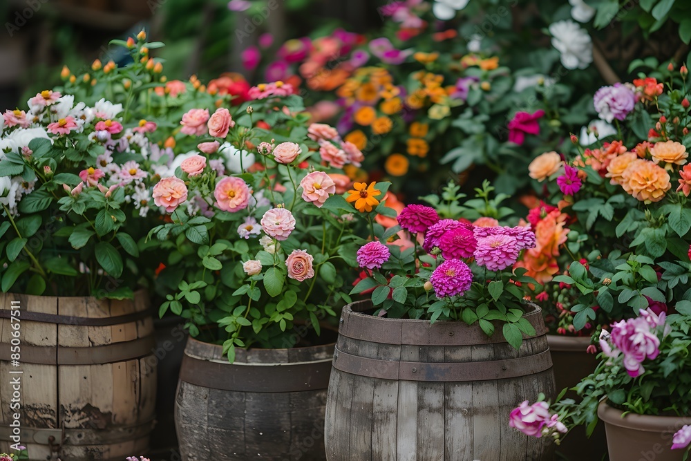 Obraz premium Colorful Flowers Blooming in Wooden Barrels