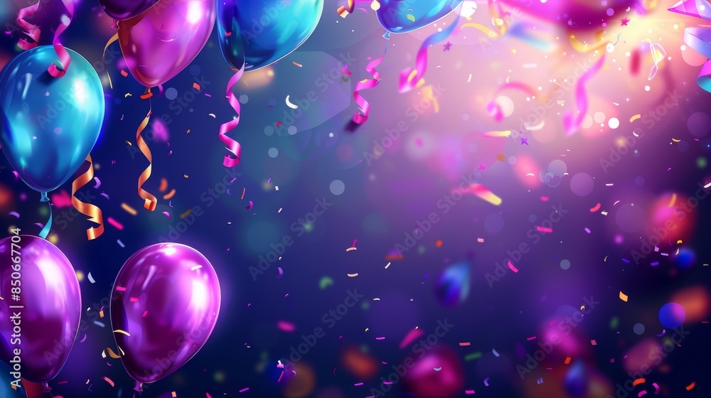 Colorful Balloons and Confetti Falling Against a Purple Background