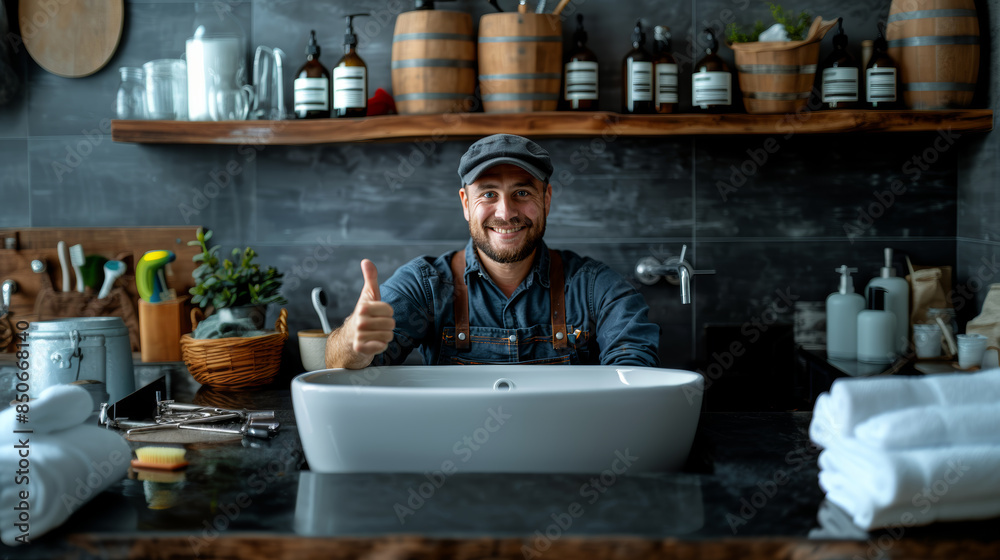 Happy Plumber Showing Thumbs Up in Modern Rustic Bathroom with Tools and Supplies Happy Plumber Showing Thumbs Up in Modern Rustic Bathroom with Tools and Supplies