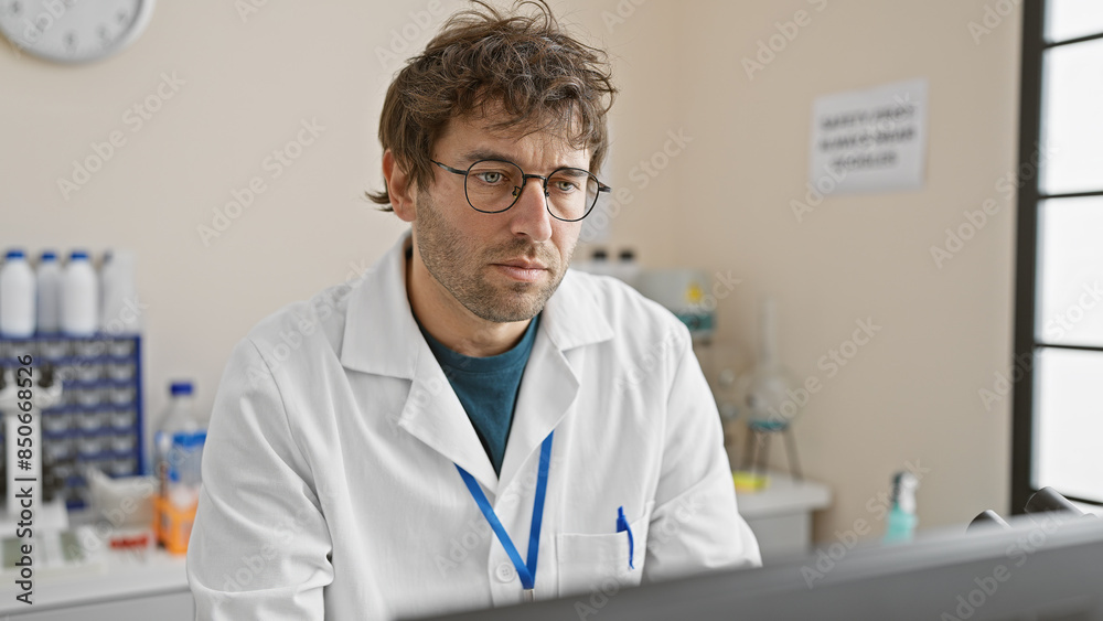 A focused young man with glasses and a beard wearing a lab coat analyzes data in a hospital laboratory. A focused young man with glasses and a beard wearing a lab coat analyzes data in a hospital laboratory.