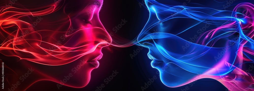 Illustration of smoke forming two human faces facing each other in red and blue with a neon effect on a black background Illustration of smoke forming two human faces facing each other in red and blue with a neon effect on a black background