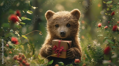 Though the face is obscured, the cub appears to be presenting a teddy bear's gift box, festooned with a spangled red ribbon, while natural flora provide a picturesque backdrop photo