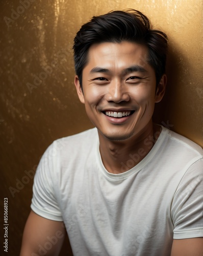 gold background studio portrait of smiling handsome asian guy model with clear smooth skin and white teeth © sevenSkies