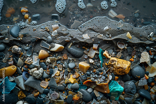 Close-up view of microplastic debris mixed with natural sediment, showcasing ecological disruption