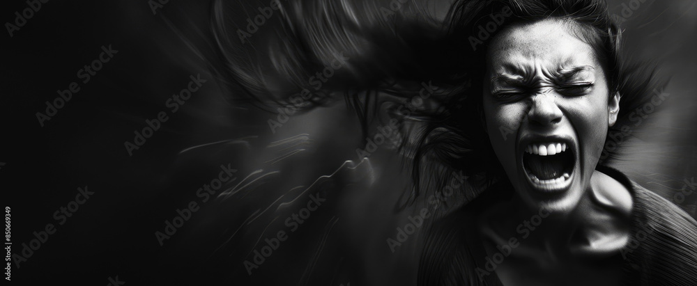 black and white photograph of an angry woman, her mouth open in anger with strong emotion visible in her face. The background is dark, with motion blur to convey speed or movement. With copy space black and white photograph of an angry woman, her mouth open in anger with strong emotion visible in her face. The background is dark, with motion blur to convey speed or movement. With copy space