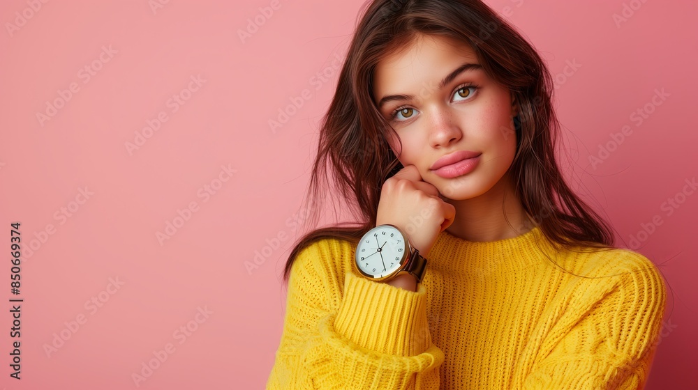 Young woman in a yellow sweater posing against a pink background, showcasing her stylish watch and thoughtful expression. Young woman in a yellow sweater posing against a pink background, showcasing her stylish watch and thoughtful expression.