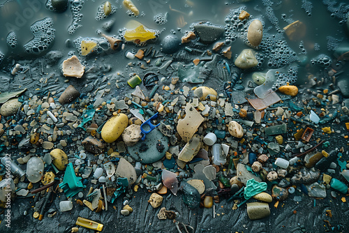 Close-up view of microplastic debris mixed with natural sediment, showcasing ecological disruption