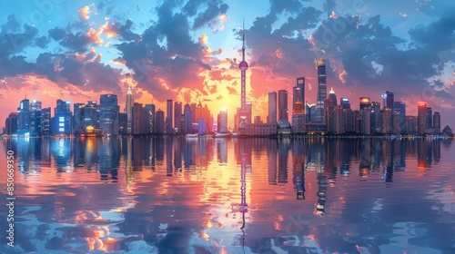 Stunning Cityscape of Skyscrapers and Waterfront at Sunset with Reflective Water