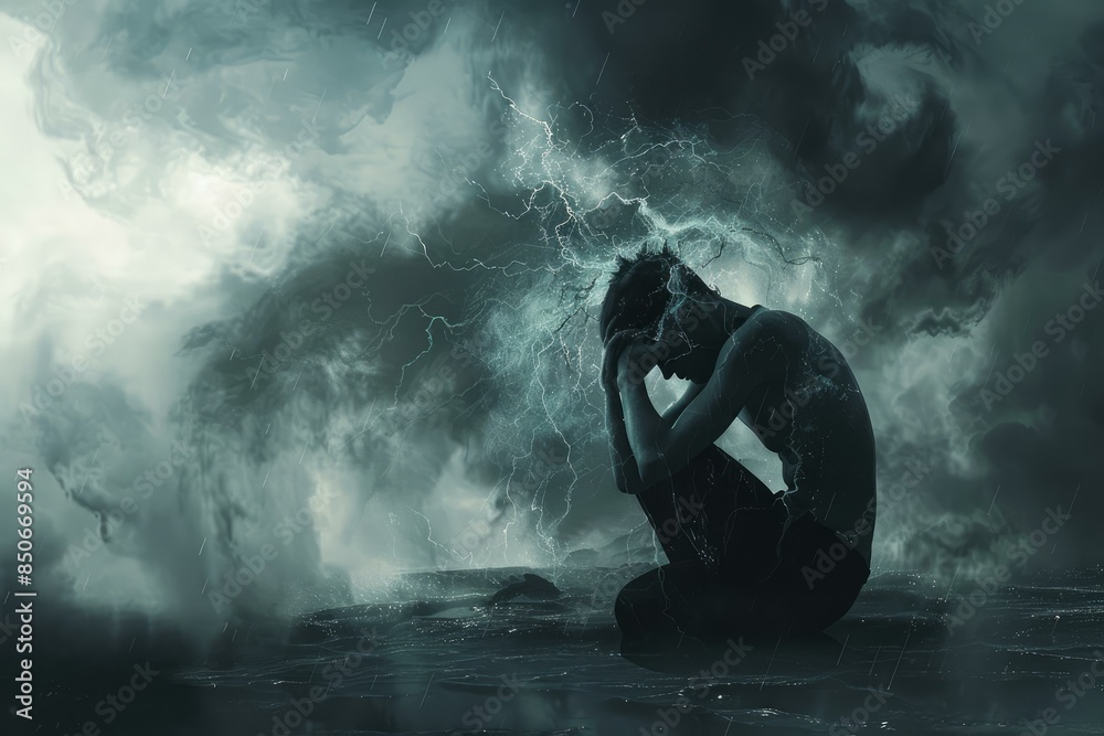 Fototapeta premium Finding inner peace through solitude amidst the dramatic storm, contemplating the powerful lightning and brooding sky in the darkness