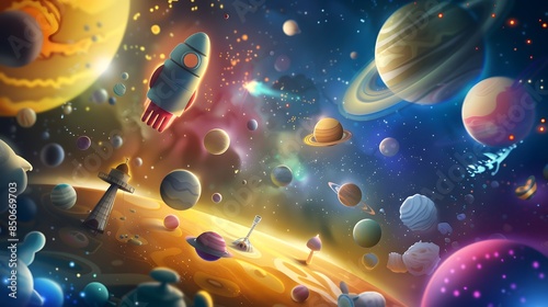 Cartoon-Style Space Travel, Fantasy Fairy Tale Concept