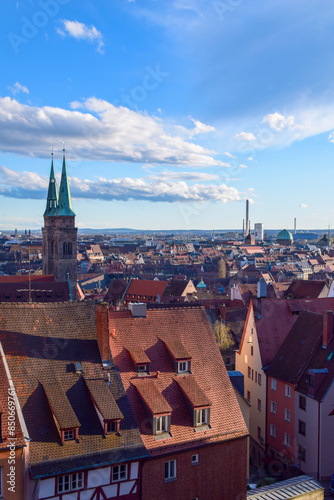 Top cityscape view from the castle hill on the old town with cathedral in Nurnberg, Germany