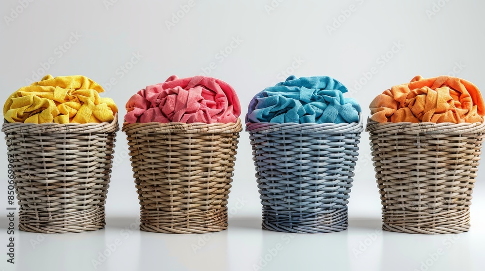 Colorful Laundry Baskets Filled with Clothes in a Studio Setting Colorful Laundry Baskets Filled with Clothes in a Studio Setting
