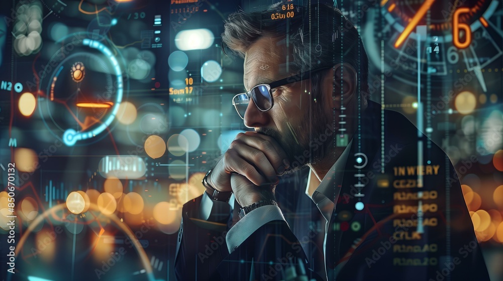 Thoughtful businessman analyzing data on futuristic digital screen, reflecting on technological advancements. Thoughtful businessman analyzing data on futuristic digital screen, reflecting on technological advancements.