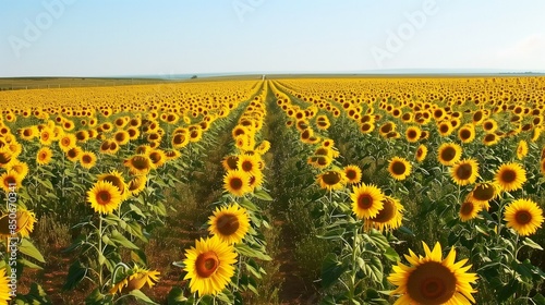 /imagine A sweeping view of a vast sunflower field in full bloom, with golden petals stretching towards the horizon under a clear, azure sky. The uniformity and brightness of the photo