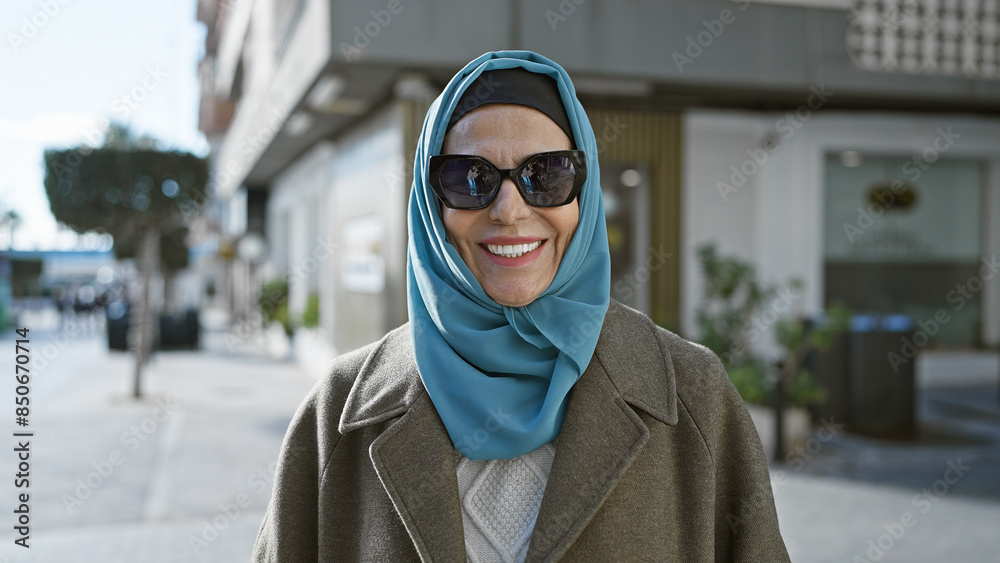 Smiling mature woman in hijab and sunglasses standing on a sunny urban street. Smiling mature woman in hijab and sunglasses standing on a sunny urban street.