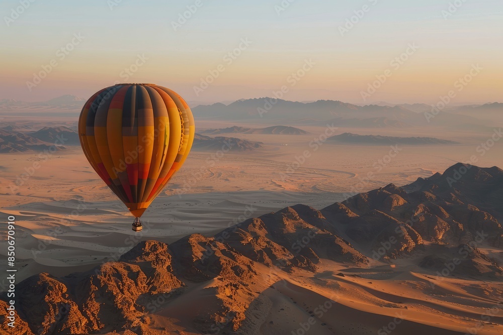 Breathtaking view of a colorful hot air balloon soaring over a tranquil desert landscape during the golden hour Breathtaking view of a colorful hot air balloon soaring over a tranquil desert landscape during the golden hour