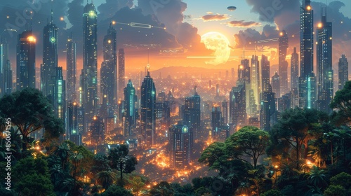 Futuristic cityscape at sunset with towering skyscrapers, lush greenery, and vibrant lights. A perfect blend of nature and technology. photo