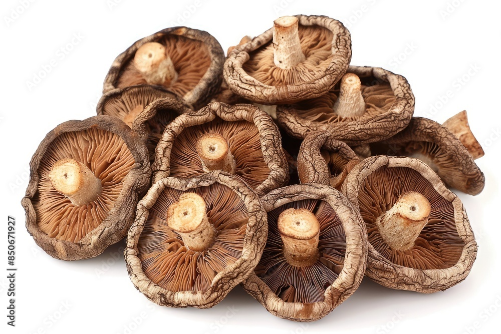 Overhead view of dried shiitake mushrooms on white background Overhead view of dried shiitake mushrooms on white background
