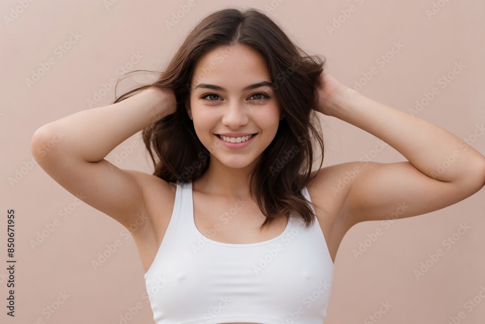 Young woman with bright skin wearing a white tank top showing her armpit on a pink background with copy space. Young woman with bright skin wearing a white tank top showing her armpit on a pink background with copy space.
