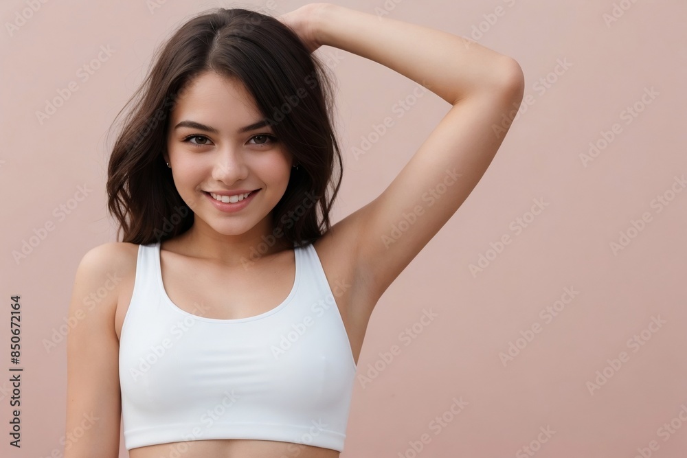 Young woman with bright skin wearing a white tank top showing her armpit on a pink background with copy space. Young woman with bright skin wearing a white tank top showing her armpit on a pink background with copy space.