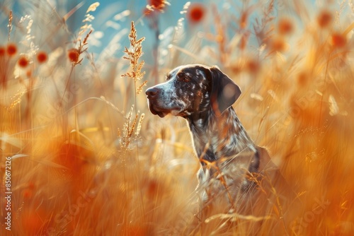 Hunting dog in tall grass. German Shorthaired Pointer. photo