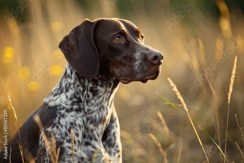 Hunting dog in tall grass. German Shorthaired Pointer. photo
