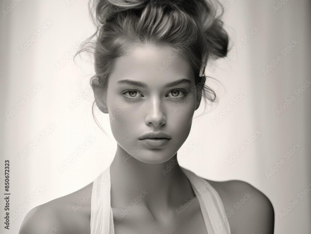 Black and white portrait of a young woman with a sophisticated expression, ideal for fashion, editorial, and beauty promotions. Black and white portrait of a young woman with a sophisticated expression, ideal for fashion, editorial, and beauty promotions.