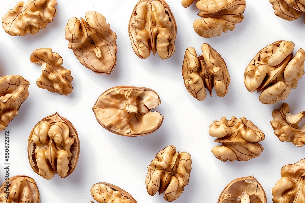 Close-up of Shelled Walnuts Arranged on a White Background, Showcasing Texture and Detail Close-up of Shelled Walnuts Arranged on a White Background, Showcasing Texture and Detail