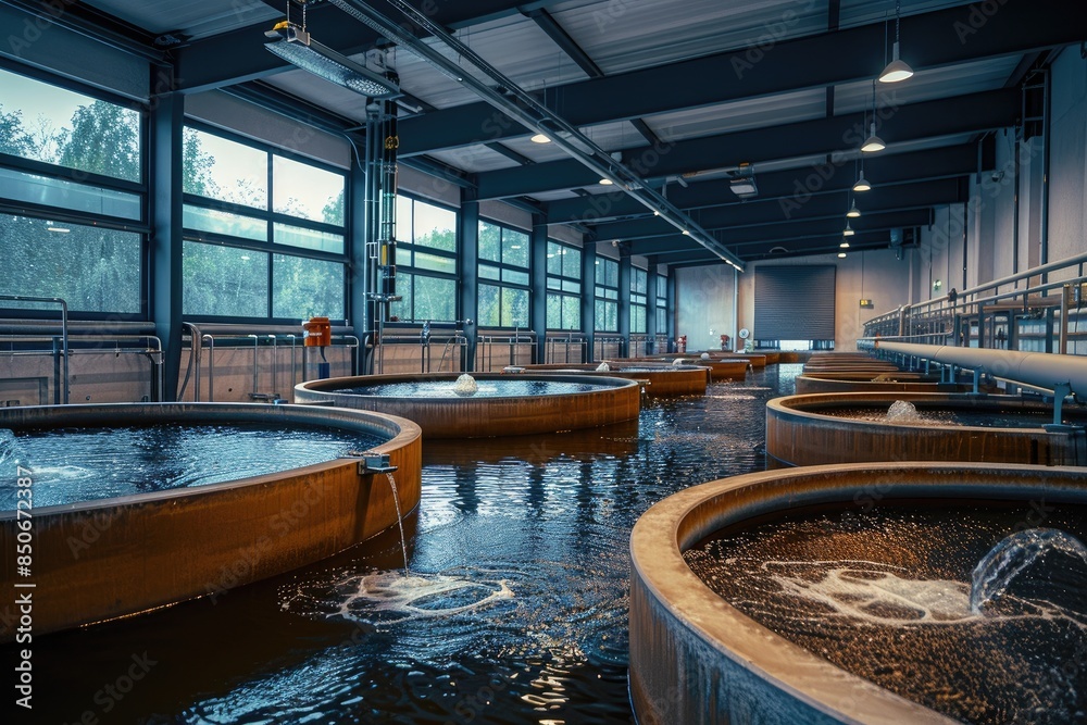 Obraz premium Modern wastewater treatment plant of chemical factory. Water purification tanks
