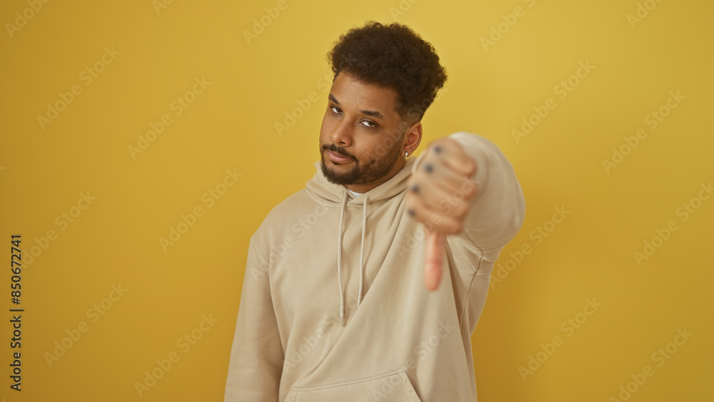 A confident adult black man gives a thumbs down gesture against a solid yellow wall.
