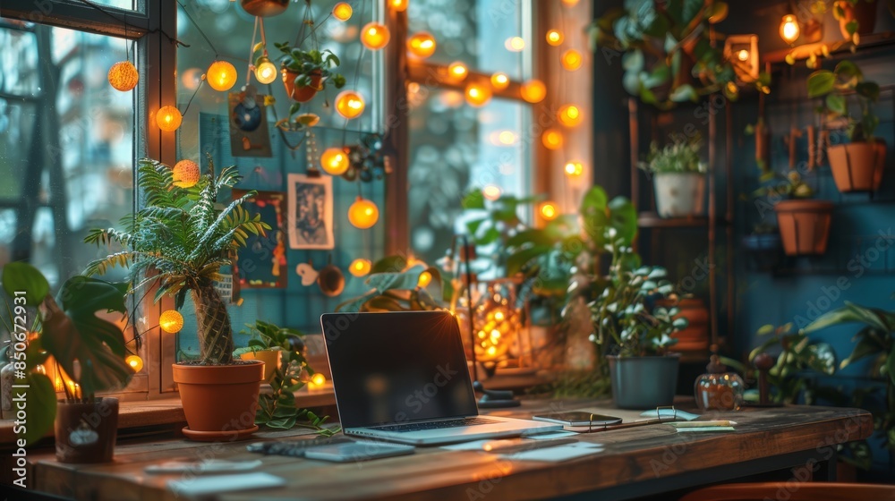 Stylish Workplace with Vision Board and Laptop Surrounded by Plants and Warm Lighting Stylish Workplace with Vision Board and Laptop Surrounded by Plants and Warm Lighting