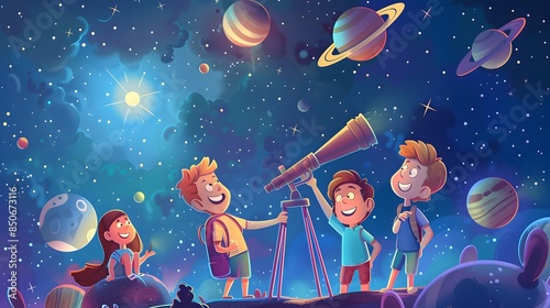 Group of Children Learning Astronomy Under the Stars