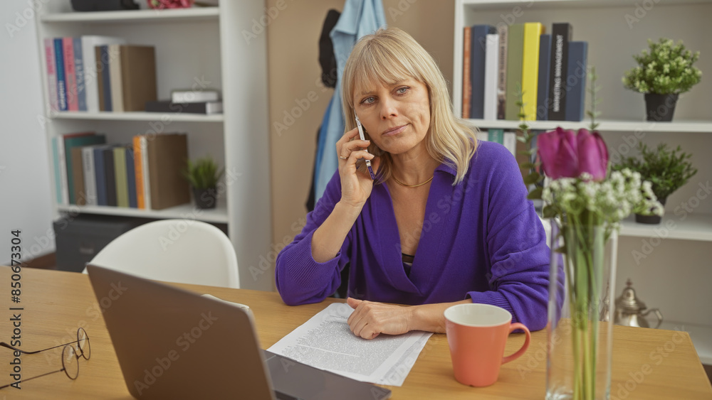 Caucasian woman talking on the phone at home with a laptop, documents, glasses, coffee cup, flowers, and bookshelf background.