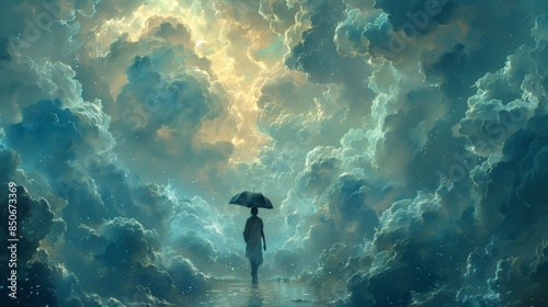 girl with an umbrella on a background of clouds .Generative AI photo