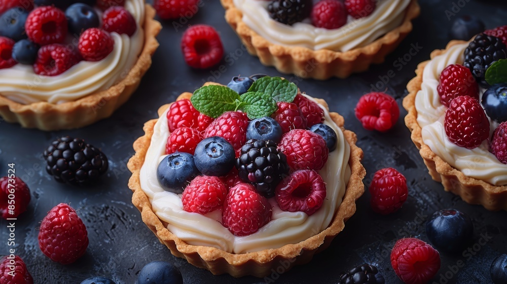 Delicious Tartlets With Fresh Berries and Cream on Dark Background Delicious Tartlets With Fresh Berries and Cream on Dark Background