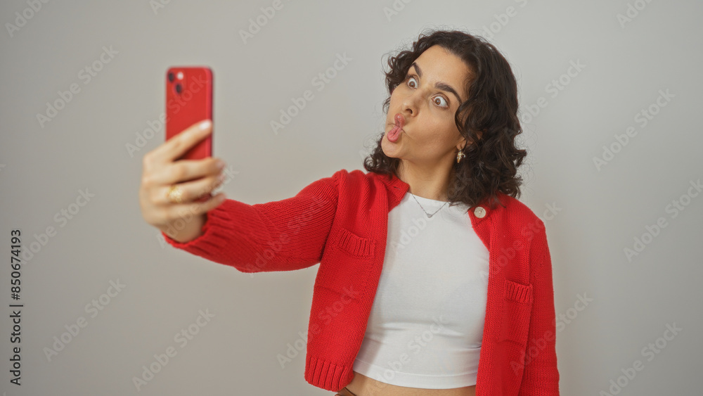 Naklejka premium A young, hispanic, attractive woman with brunette hair taking a playful selfie against a white background, wearing a red sweater and a white crop top, making a funny face.