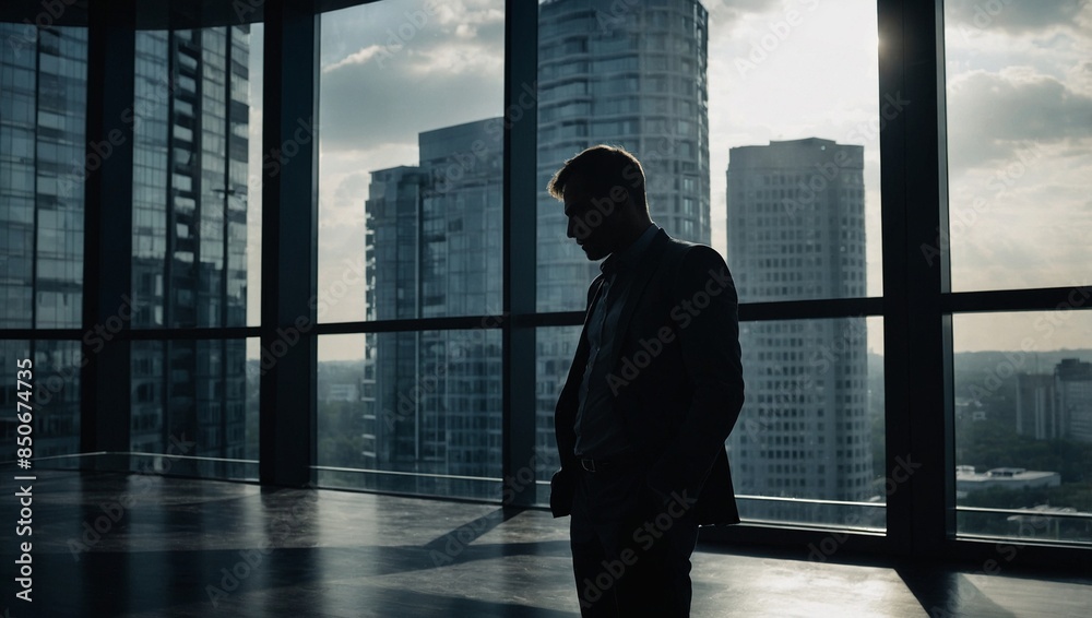 dark silhouette of a successful man against the background of a panoramic window of an office building dark silhouette of a successful man against the background of a panoramic window of an office building