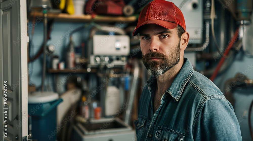 Plumber at Work in a Cluttered Basement with Tools and Equipment