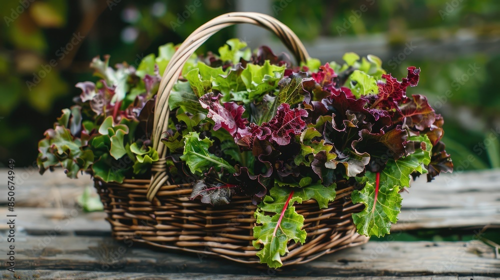 A rustic basket filled with crisp red salad greens on a wooden surface A rustic basket filled with crisp red salad greens on a wooden surface