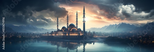 minarets in the misty with Sunset silhouette of a mosque, mosque is enveloped in a misty and ethereal atmosphere, A hazy golden mosque city with morning light landscape photo