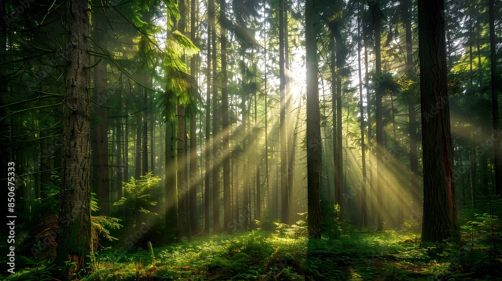 Fototapeta premium Sunbeams Filtering Through a Misty Forest