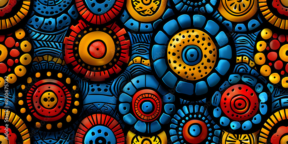 Vibrant circular tribal pattern with intricate designs in blue, red, and yellow on a dark background, creating a striking and colorful design. Ideal for textiles, fashion, and graphic design projects. Vibrant circular tribal pattern with intricate designs in blue, red, and yellow on a dark background, creating a striking and colorful design. Ideal for textiles, fashion, and graphic design projects.