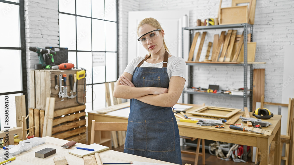 Confident woman carpenter in workshop with arms crossed wearing safety glasses Confident woman carpenter in workshop with arms crossed wearing safety glasses